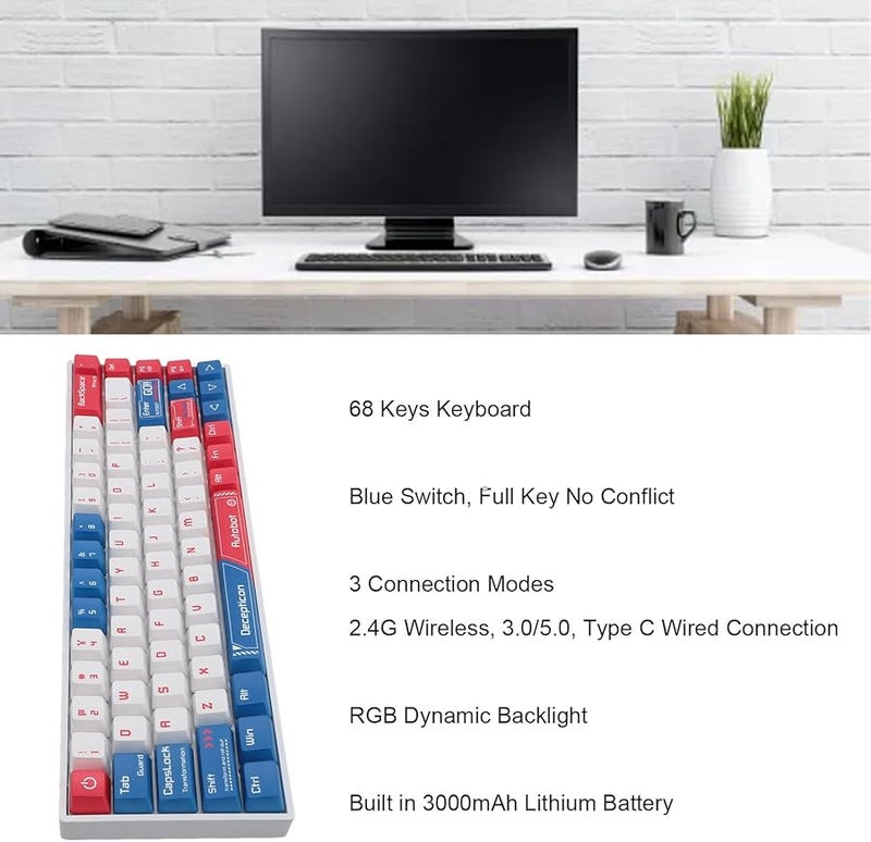Blue Switch 68 Key 60 Percent Mechanical Keyboard RGB Backlit 3 Mode Wired Bluetooth 24G Hot Swappable 3000mAh Rechargeable Mini Gaming Keyboard - Image 4
